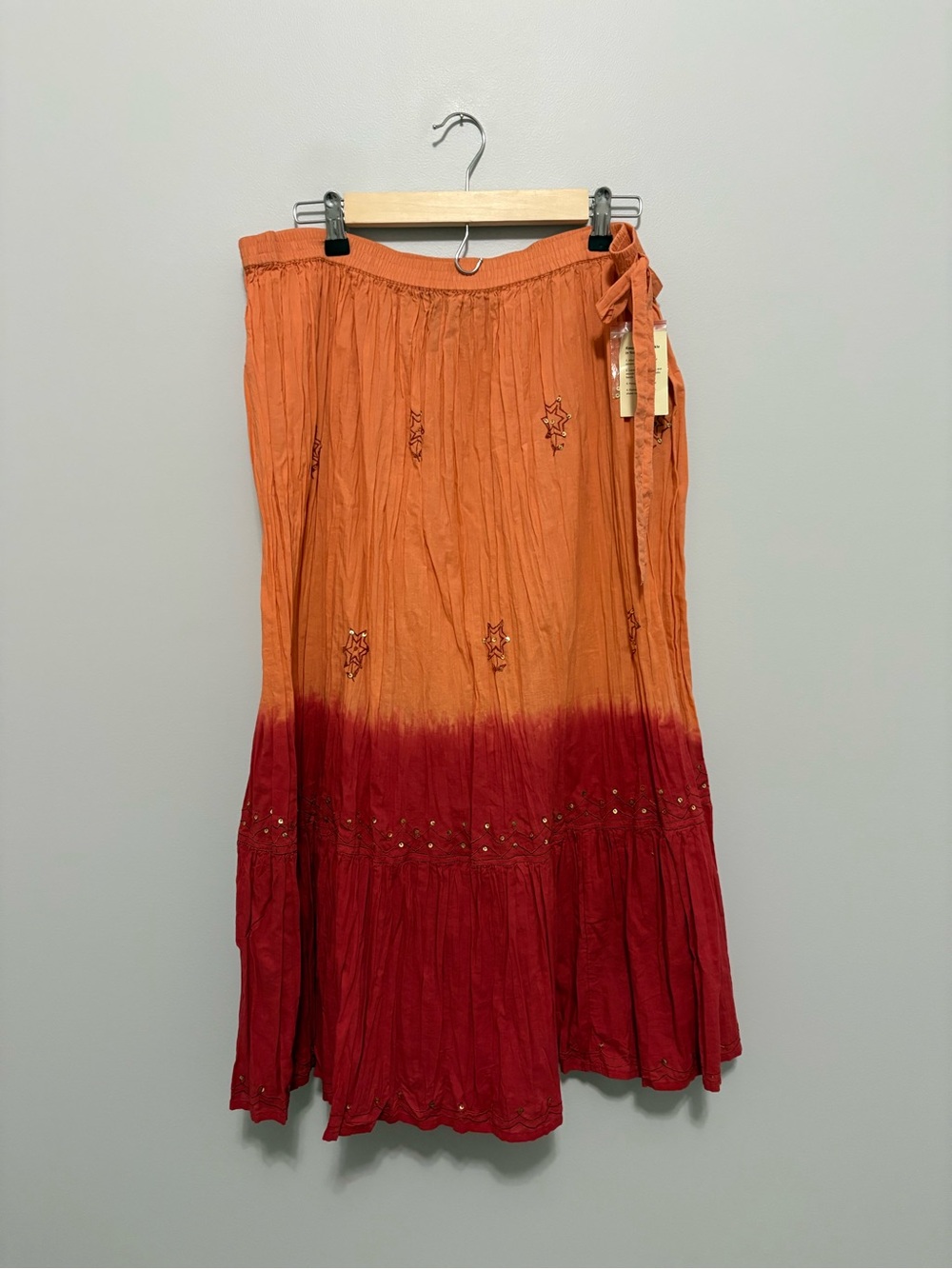 Venezia Lane Bryant Cotton Boho Hippie Orange Red Ombre Maxi Skirt Tie Waist